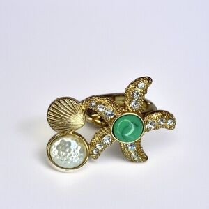 ⭐️Gold Starfish & Shell Statement Ring| with Green And Crystal Accents